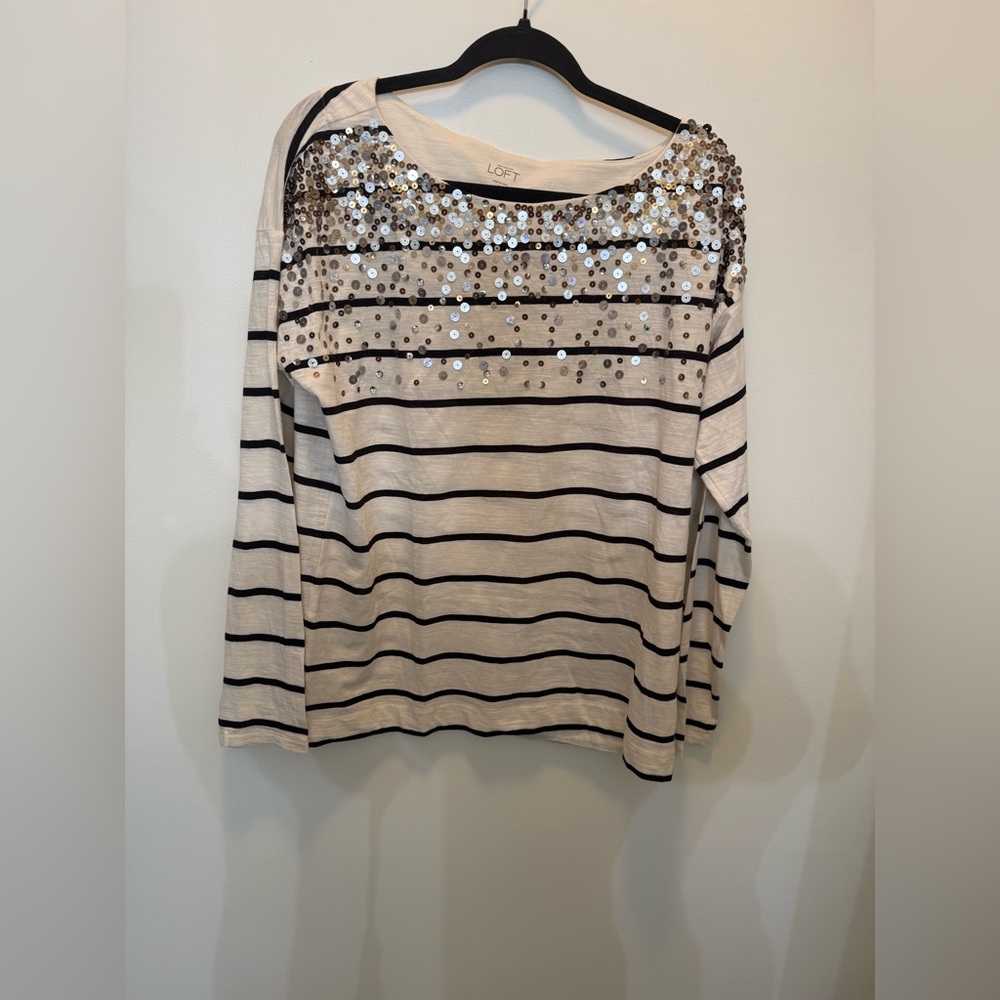 NWT LOFT Striped Sequin Embellished Top in Black and‎ Cream - Size XL